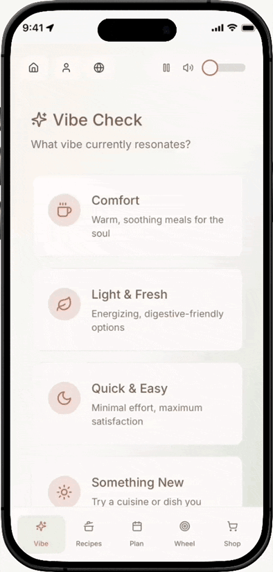 Without A Word Vibe Check showing Comfort, Light and Fresh, Quick and Easy, and Something New options